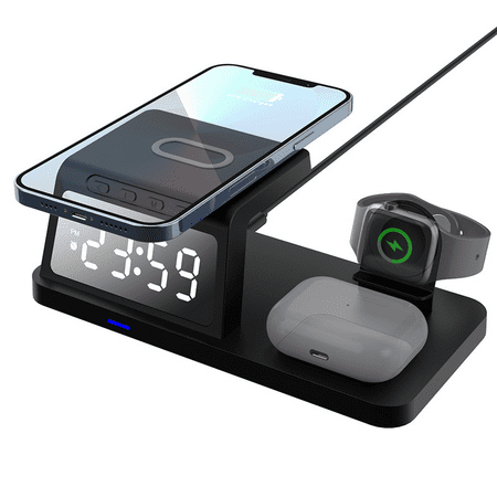 15W 4-in-1 Wireless Charging Station with Alarm Clock & Night Light – Fast Charger for iPhone, Apple Watch, AirPods & Android – Black