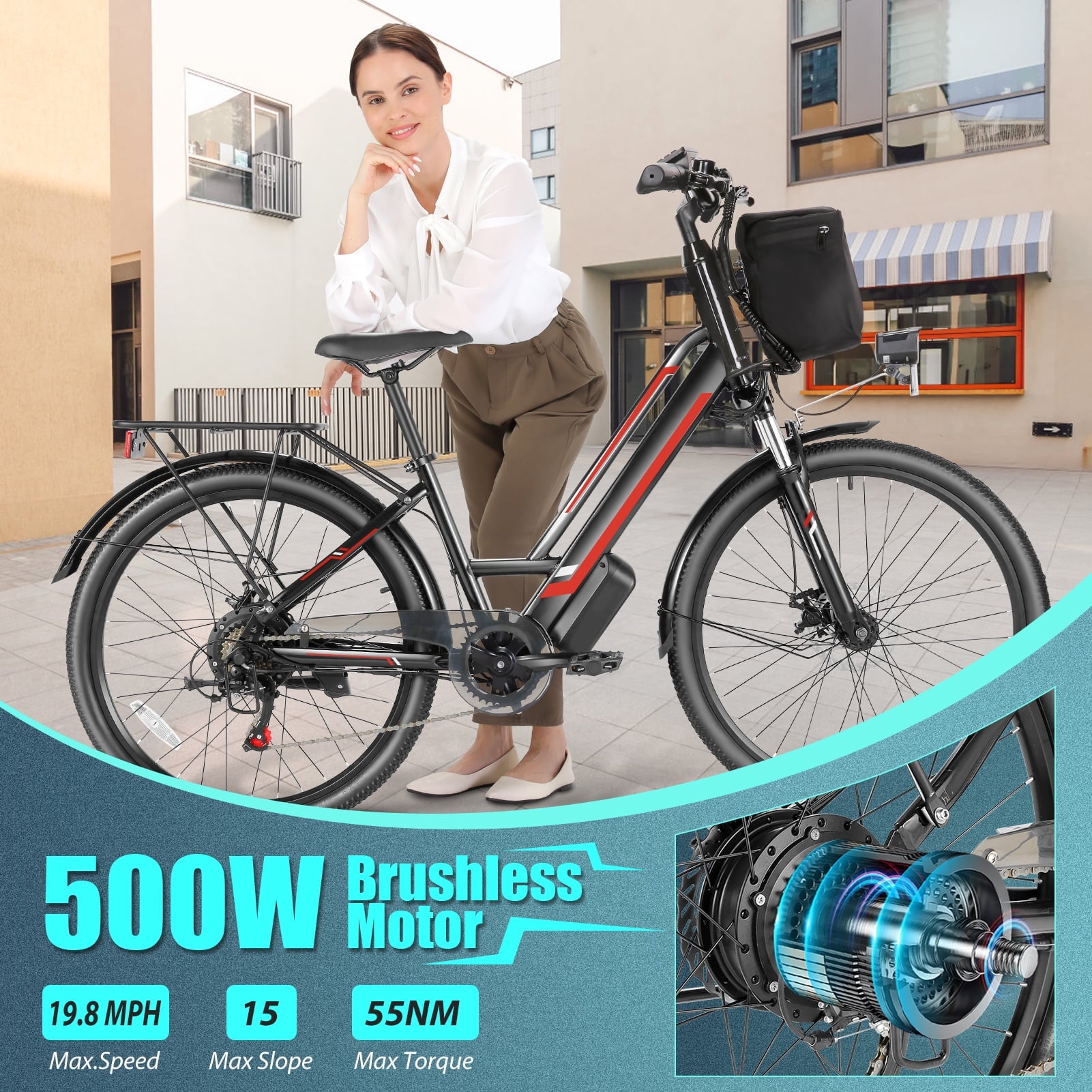 Elifine 500W Electric Bike for Adults, 26" Commuter Electric Bicycle 19.8mph City Ebike with 5 Riding Modes, 48V 7.8Ah Removable Battery UL 2849, LCD Intelligent Display Hybrid Electric Bike Red