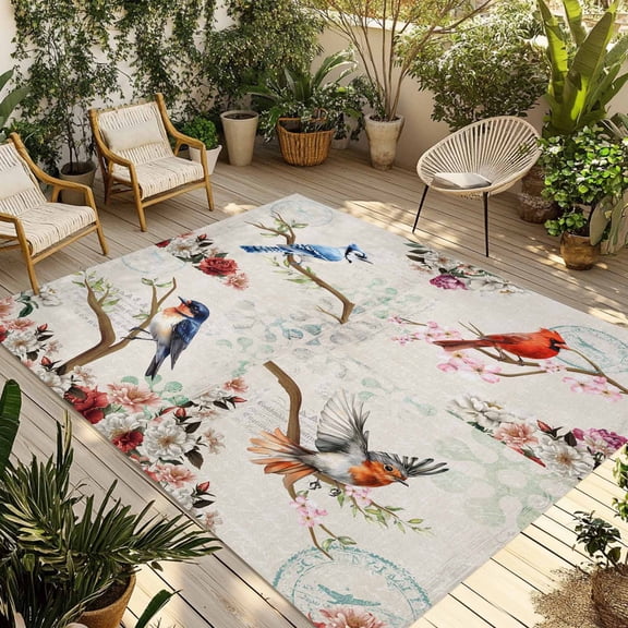Fsddascl Spring Birds Floral Outdoor Rug for Patio/Deck/Porch, Non-Slip Large Area Rug 5 x 8 Ft, Farmhouse Botanical Burlap Indoor Outdoor Rugs Washable Area Rugs, Reversible Camping Rug Carpet