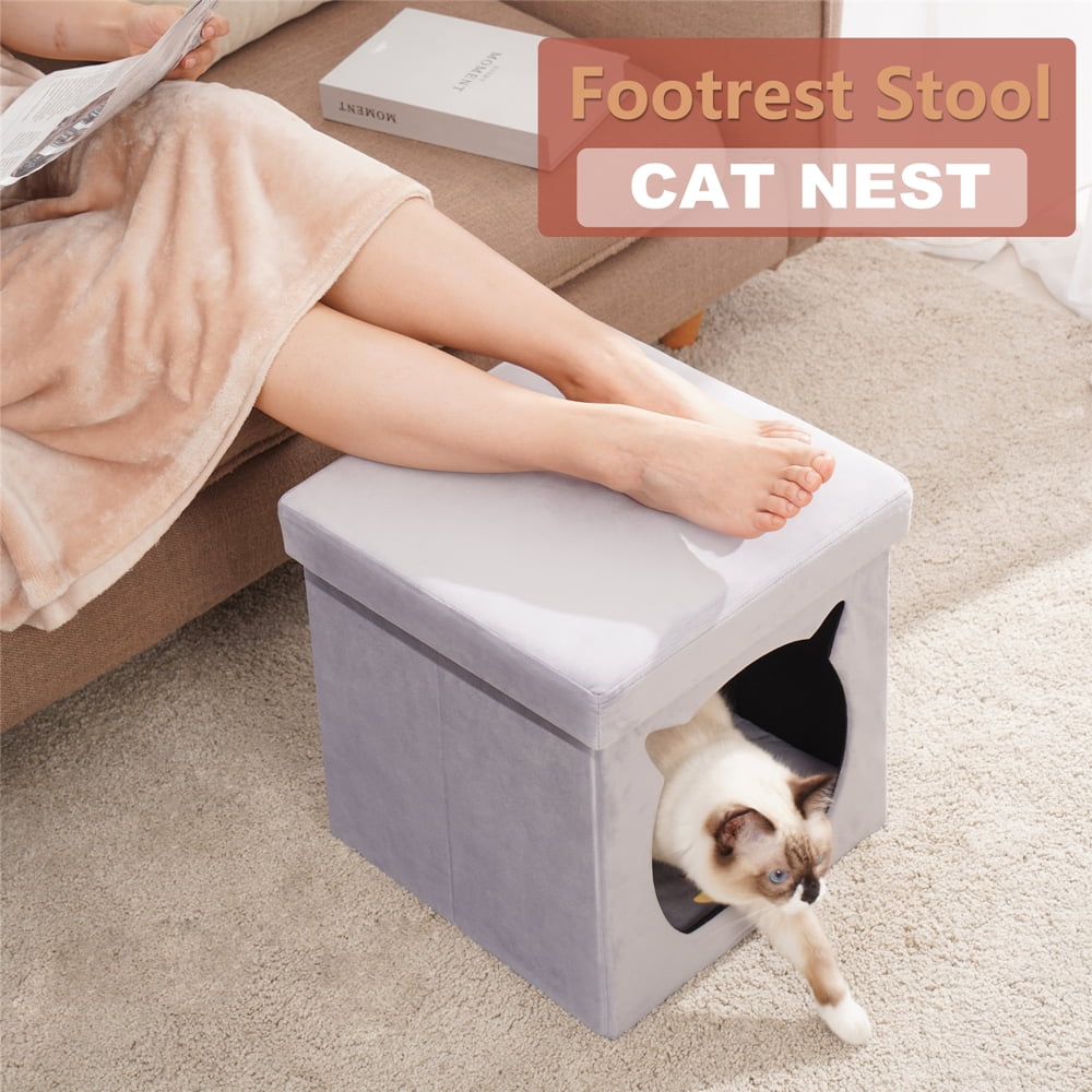 Private Jungle Velvet Collapsible Multipurpose Cat or Small Dog Bed,Footrest Stool with Cushion Top