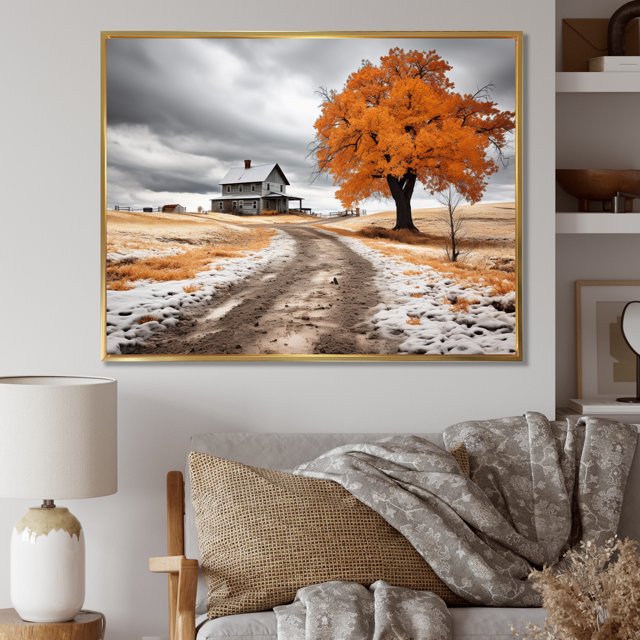 Designart Farm framed wall Art, Farmhouse Orange And Grey euphony , Farm Large framed wall art decor, Yellow Country Gold framed wall art, 40x30 inches Gold Frame