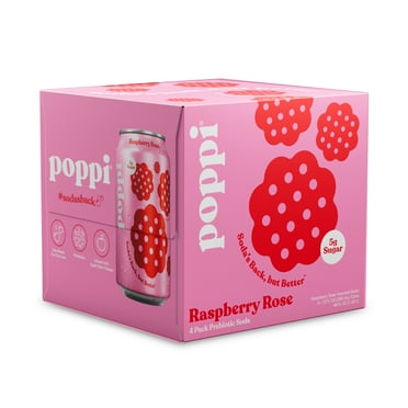 poppi Raspberry Rose Prebiotic Soda, 12 fl oz, 4 Pack Cans