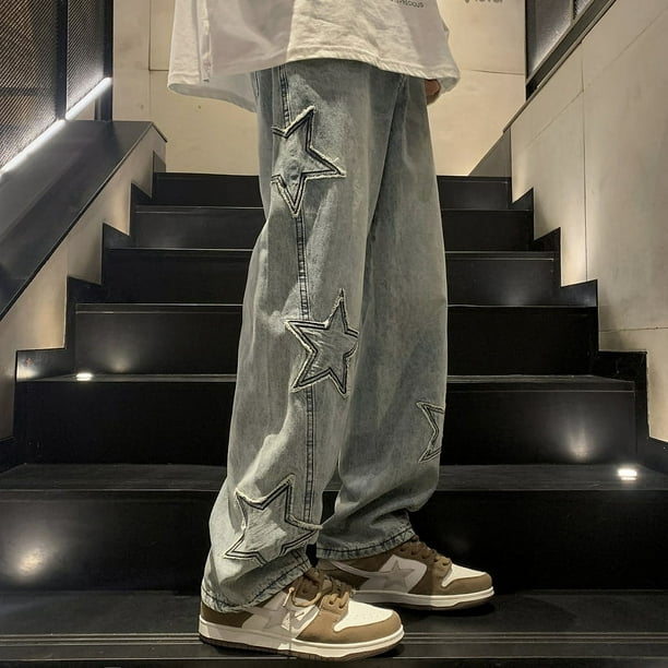 Pantalones vaqueros rectos con bordado de estrellas para hombre Jeans goticos neutros pierna ancha sueltos Hip hop moda juvenil ropa de calle Y2K Walmart en linea
