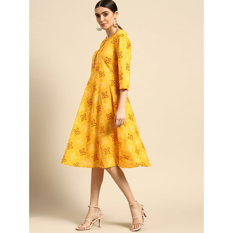 Anouk - By Myntra Women Ready To Wear 3/4 Sleeve Yellow & Red Bandhini  Print Pure Cotton Ethnic A-Line Midi Dress Indian dress for women