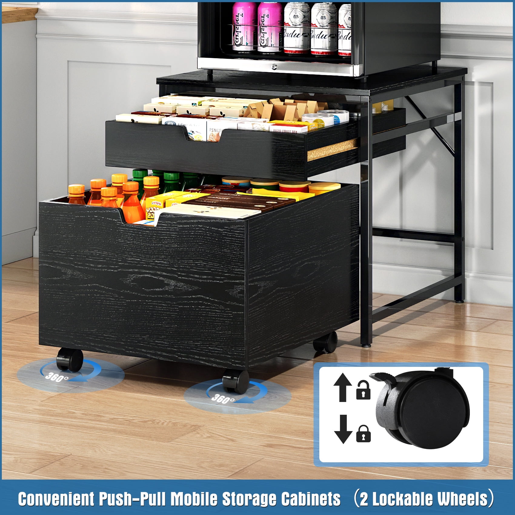 TC-HOMENY Mini Fridge Stand with 2 Storage Drawers, Refrigerator Microwave Table Shelf with Lockable Mobile Wheels, Beverage Compact Fridge Cabinet for Dorm, Apartment, Office