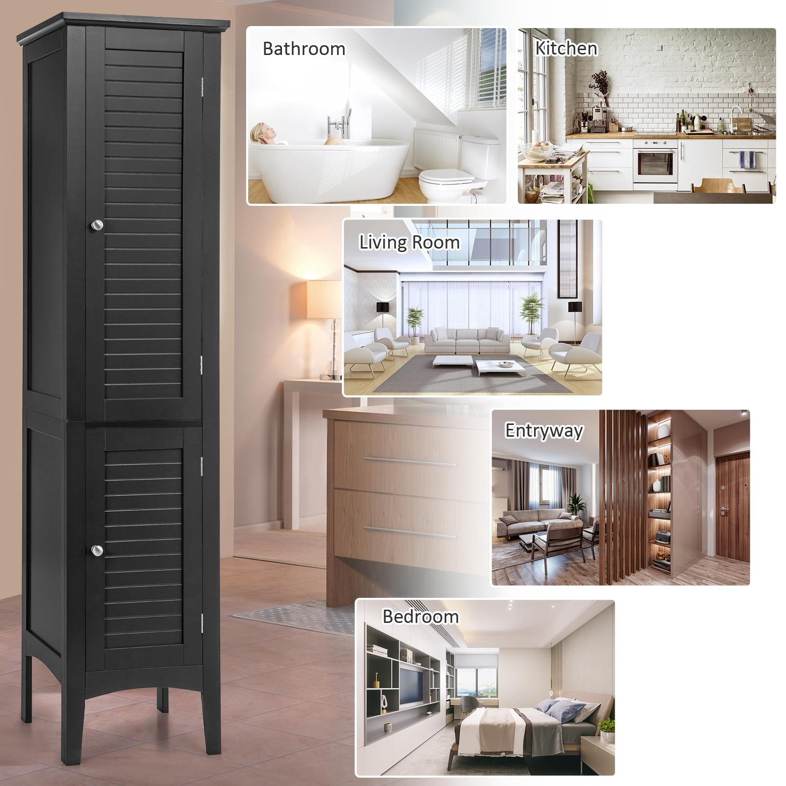 Giantex High Storage Bathroom Cabinet, Freestanding Slim Organizer,  Linen Tower Narrow Floor Cabinet, Black