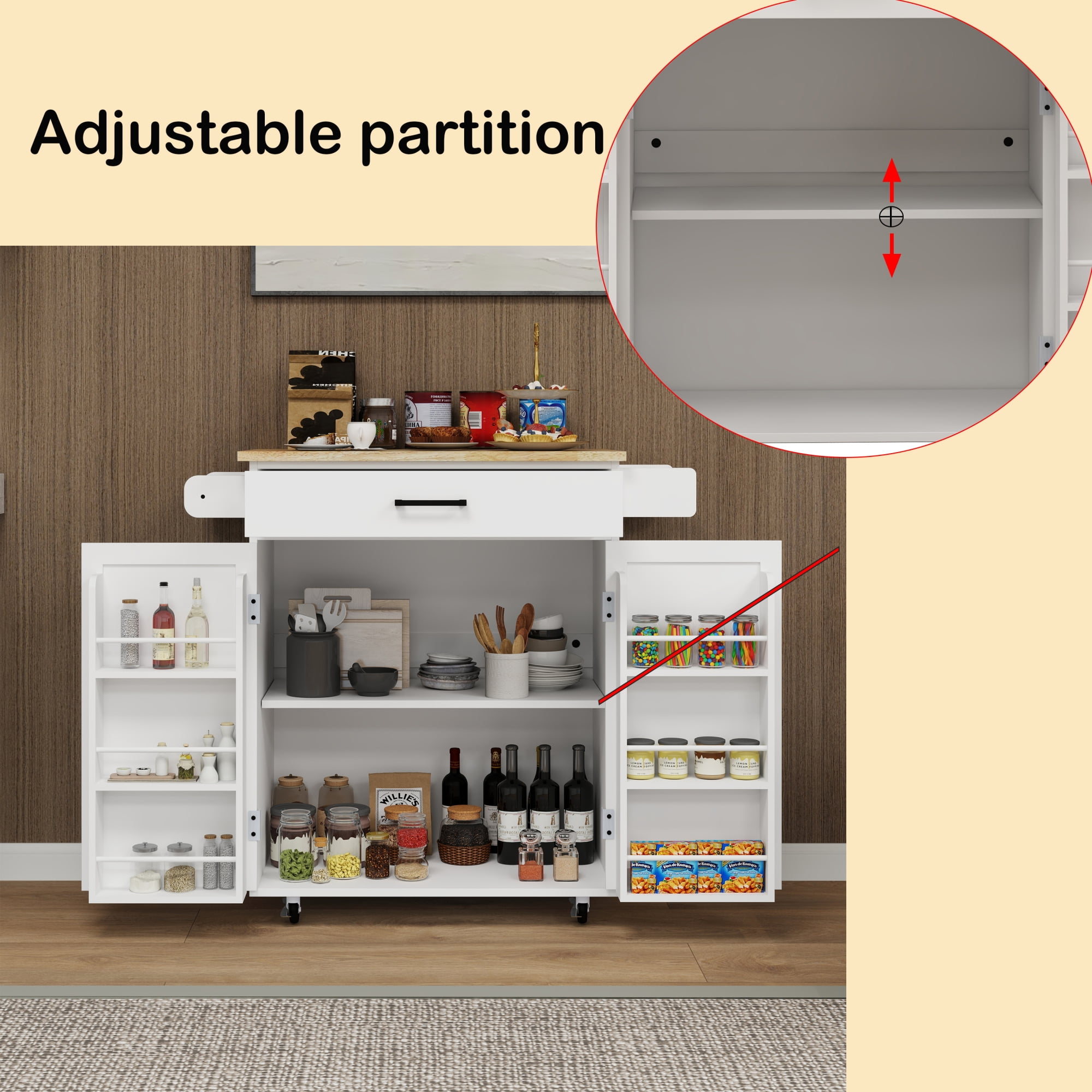 Jopath Sland Table,Kitchen Island Cart With Storage, Rolling Side Table, Large Worktop, Cabinet, Towel Rack, Drawers For Kitchen Dining Living Room Whit