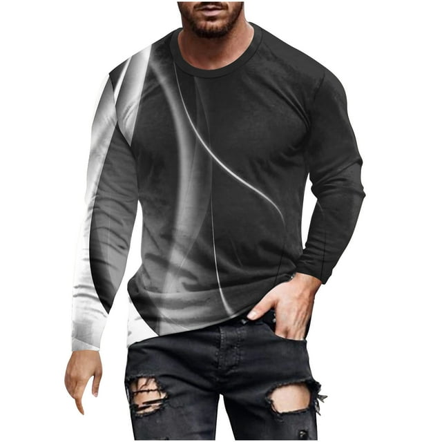 Blusas y camisas de manga larga con cuello redondo para hombre, blusa informal de manga larga con cuello redondo y estampado de rayas, blusa de poliéster para hombre