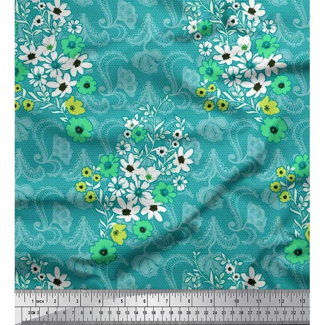 Soimoi Poly Georgette Fabric Check,Leaves & Cosmos Floral Decor Fabric Printed Yard 42 Inch Wide