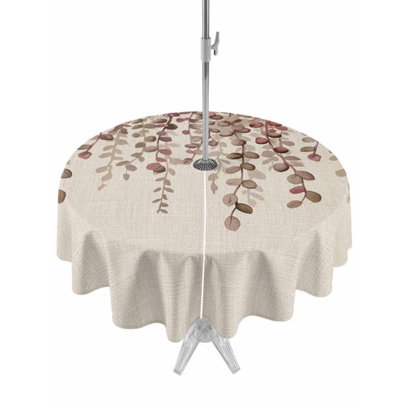 Outdoor Tablecloth with Umbrella Hole and Zipper, Brown Eucalyptus Leaves Round Table Cloth 60 Inch Waterproof Tablecloth, Spring Leaves Plants Country Beige Picnic Table Cover for Patio Camping