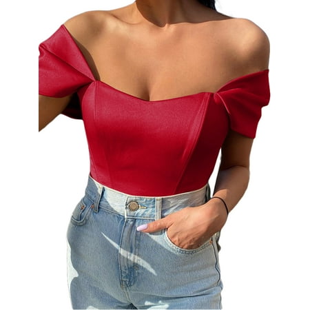 

IZhansean Female Vintage Off Shoulder Bustiers Tops Women Slim Corset Crop Streetwear Solid Color Tank Wine Red L