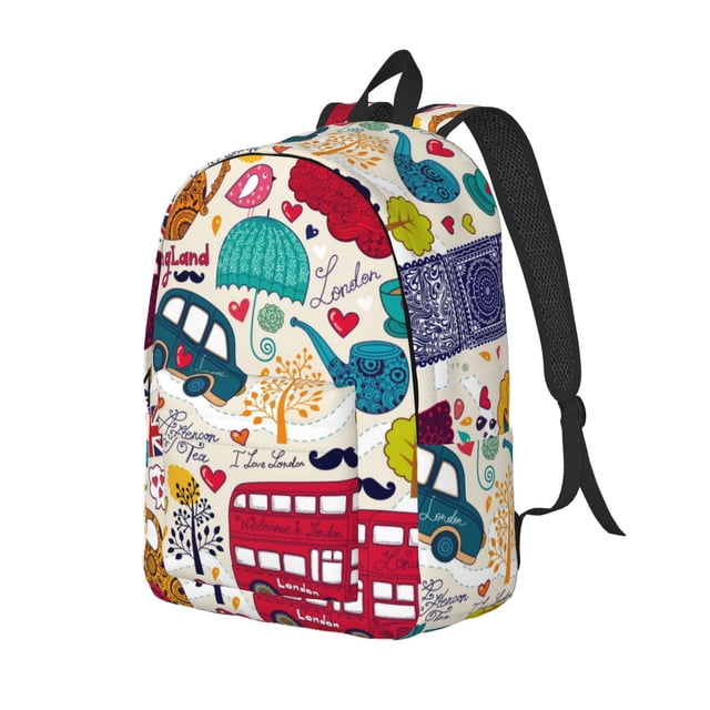 Kdxio London Symbols Print Canvas Backpack for School Work Travel Lightweight Unisex Daypack with Laptop Compartment and Adjustable Straps-Small