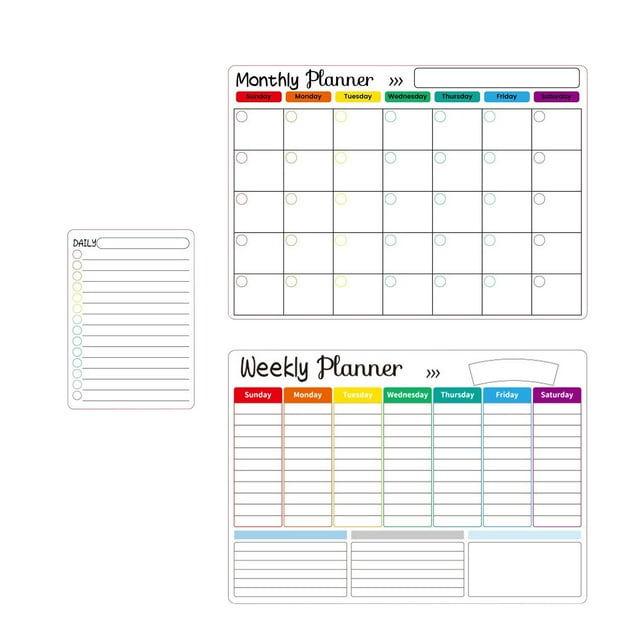 Home and Kitchen Dry Wipe Calendar Set with a magnetic whiteboard calendar for refrigerators. Includes a monthly planner, weekly planner, and daily to-do list in vibrant colors. Comes with 5 colored pens, a board eraser, and double-sided adhesive stickers. Made of durable plastic and soft magnet material, measuring 42x29.7cm for the largest board. Perfect for organizing schedules, tasks, and events, suitable for office supplies or home use.