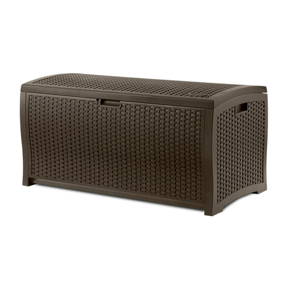 Coffre de terrasse extérieur en résine tressée Suncast de 73 gallons – Coffre de rangement verrouillable, couleur Java