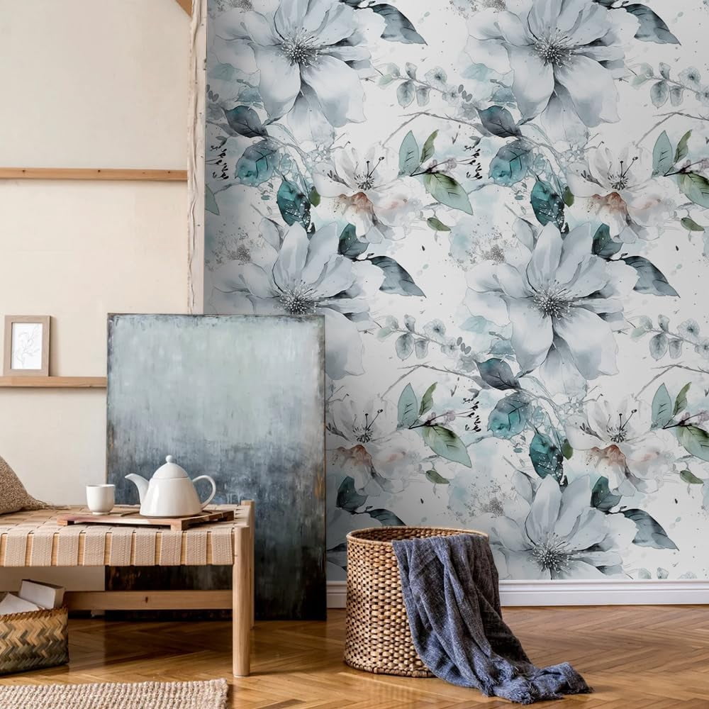 Ice Blue White Large Hyacinth Floral Green Leaf Peel and Stick Wallpaper Wall Decor Self Adhesive Wall Paper Stick on Easy Peel Off Contact for Renter Apartment