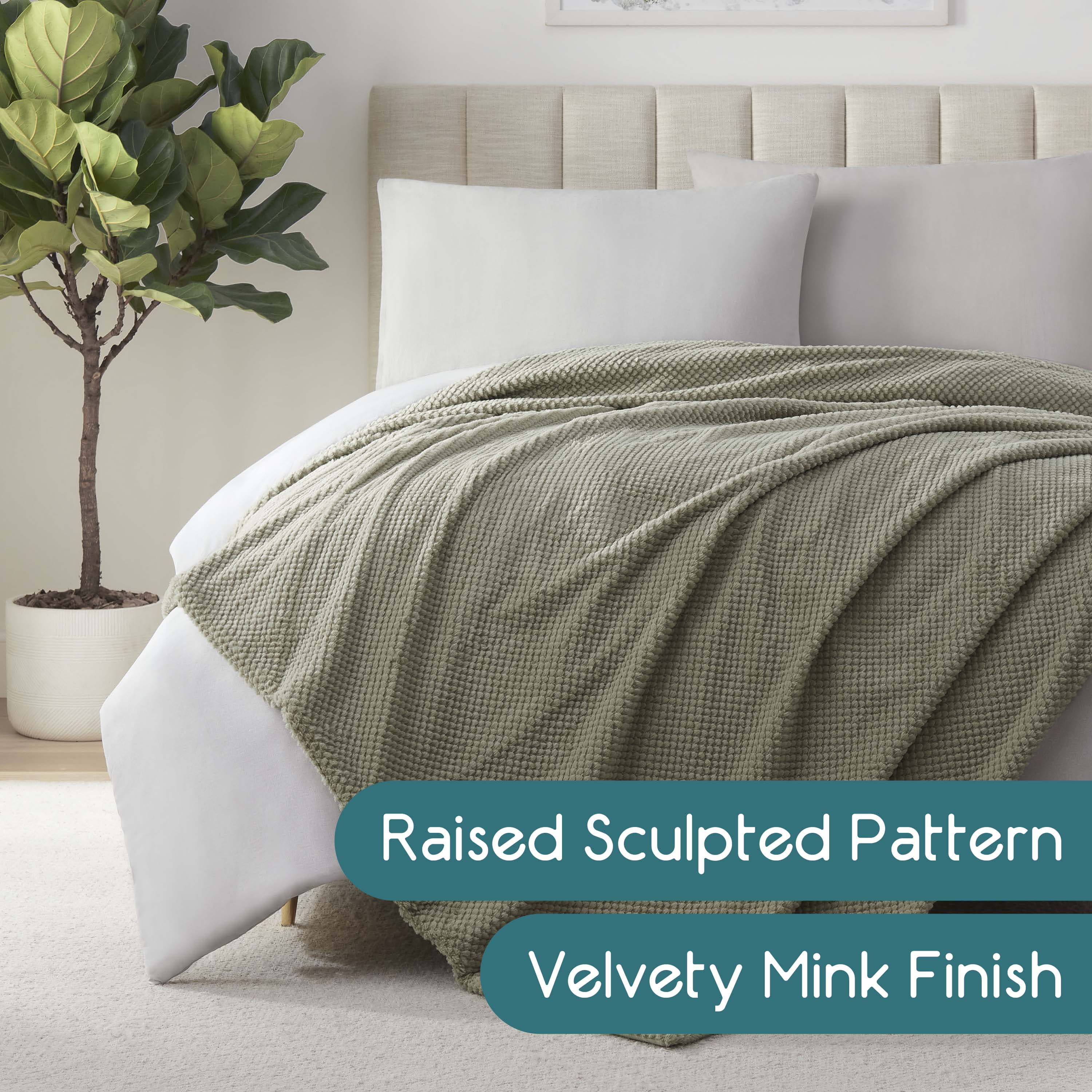 Vellux King Plush Texture Blanket | Ultra Soft Lightweight All-Season Throw | Sage