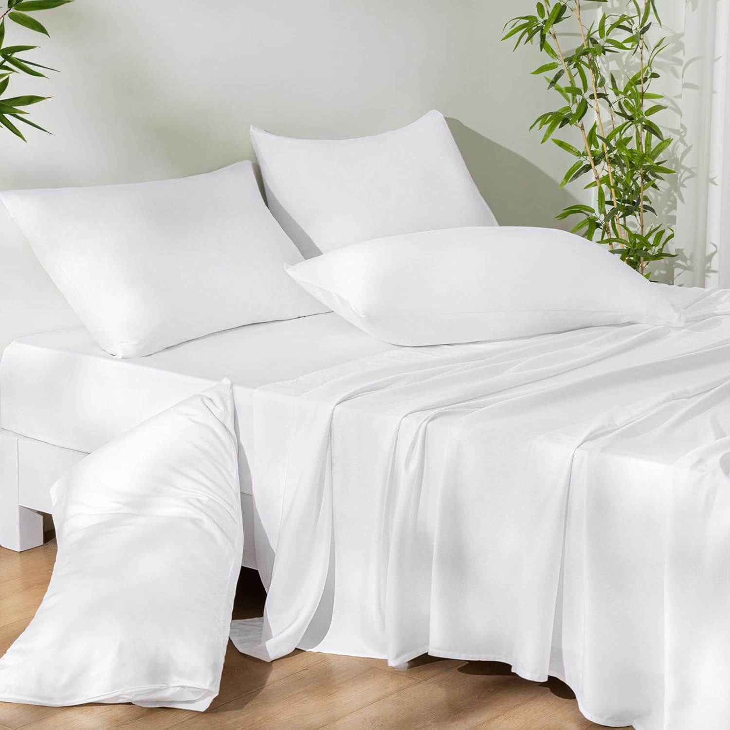 6PCS 100% Rayon Derived from Bamboo_ Sheets Set King Size, Cooling Sheets for Hot Sleepers, Wider Elastic Band & 16" Deep Pocket, Luxury Silky Soft Breathable Bedding Set & Pillowcase, Cream White