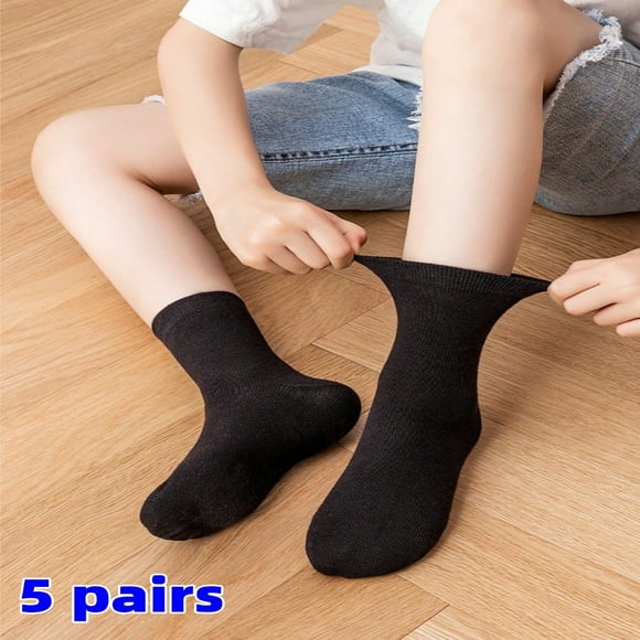 JUNWELL 5 Paires/ensemble Chaussettes Minces Noires Mi-Mollet pour Garçons et Filles Convenant aux Élèves de 3-7-9-12 Ans Été et Toutes Saisons