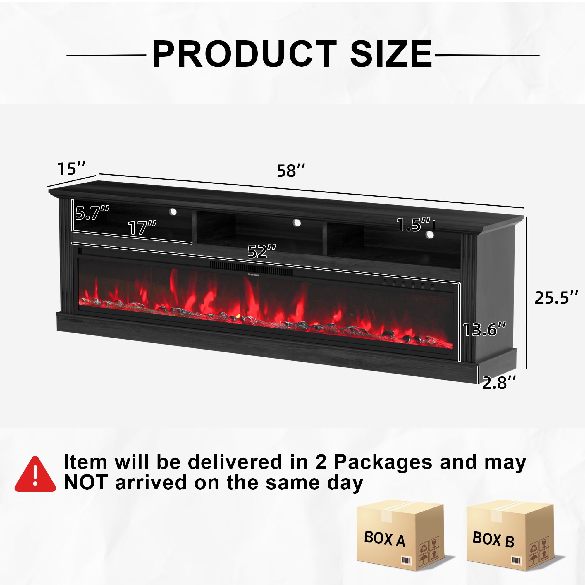 HARIPUL 58" Fireplace TV Stand for TVs Up to 65" with 52" Electric Fireplace,White Entertainment Center with Storage Cabinets,Led Light TV Consoles for Living Room,Black/Crystal Fireplace