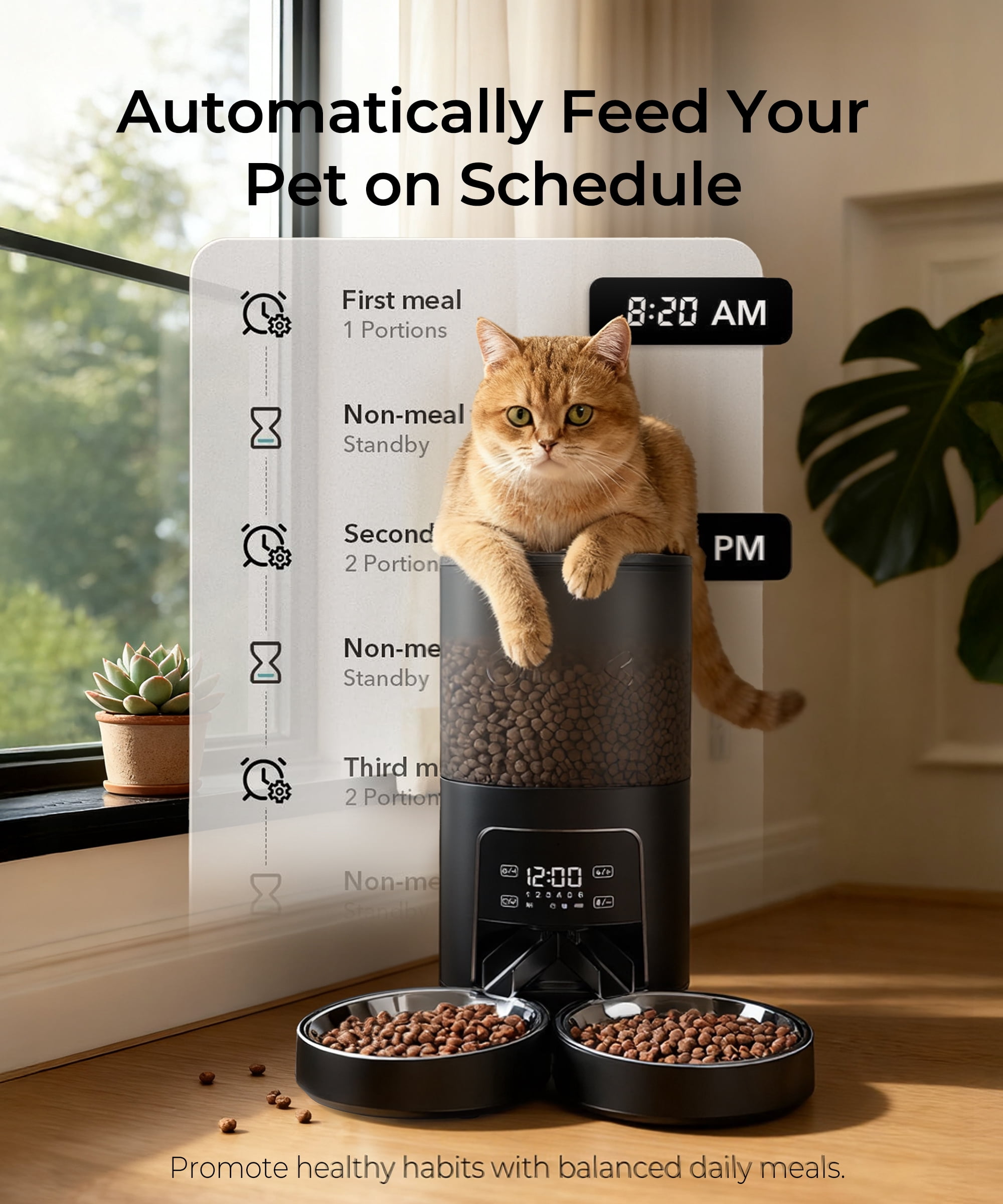Tolobeve Automatic Cat Feeder for 2 Cats, 2-Way Splitter Timed Cat Dry Food Dispenser with 2 Bowls
