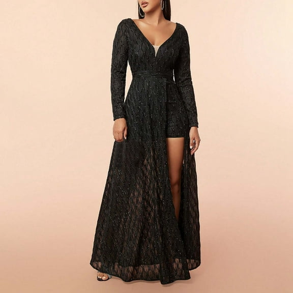 Women's Elegant Deep V Mesh Sequin Long Sleeve Long Gown Dress Long Dresses for Women Wedding Guest plus Size Formal Dress Dresses for Formal Women Guest Wedding Long Dress Satin Prom Dresses for