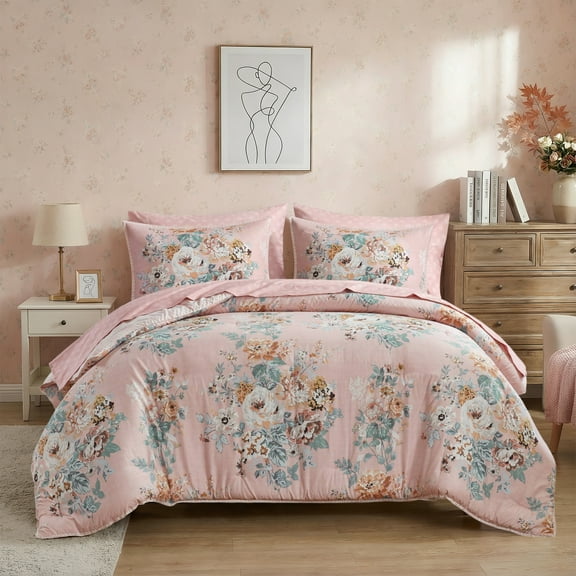 Regency Heights Queen Size Comforter Sets, Pink Vintage Floral Bed in a Bag Queen, 7 Pieces Bedding Comforter Set with Bed Sheets and Pillowcases