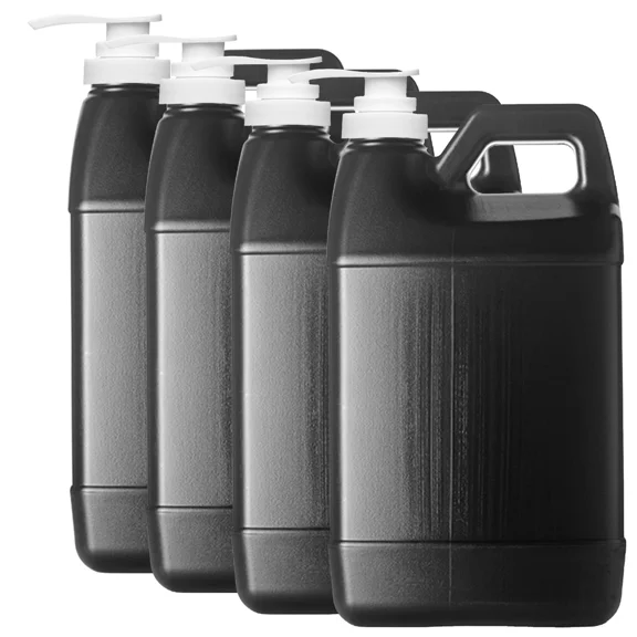 Plastic 1 Gallon Jug w/ Push Pump Black, F-Style, 38/400, HDPE, (128oz) 4 Pack