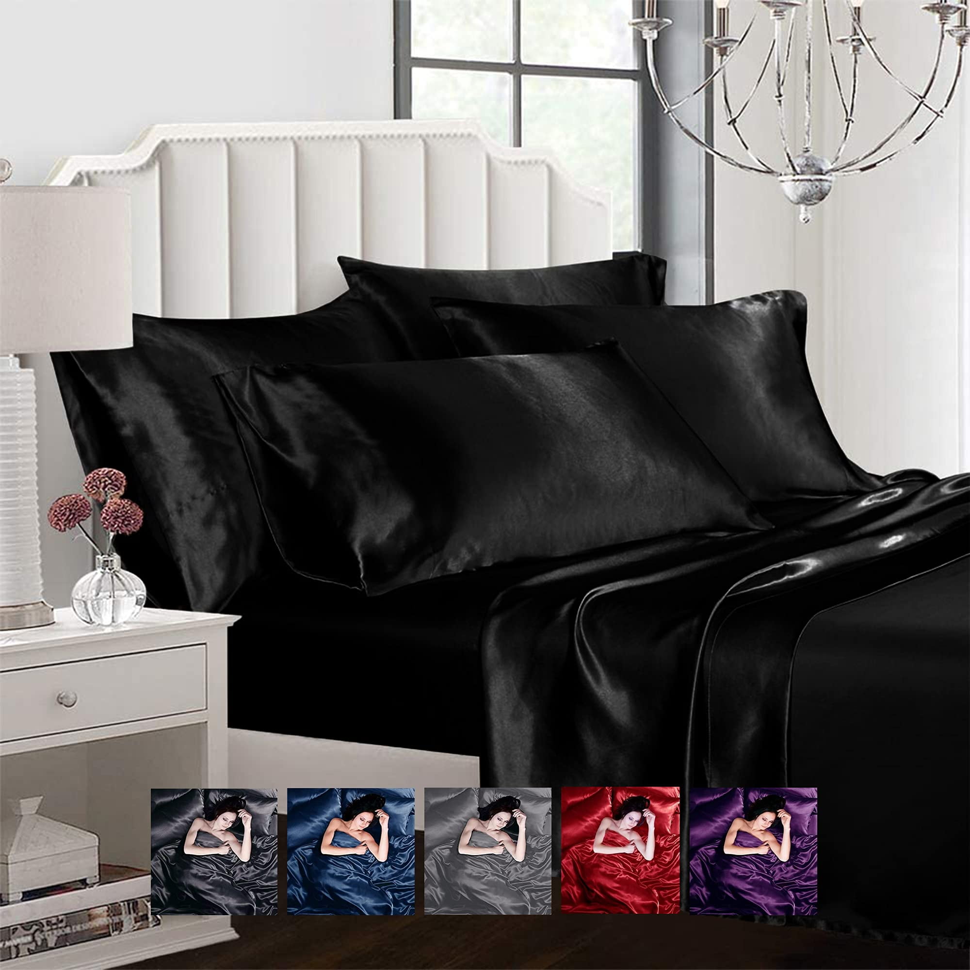 New Silky Soft Satin Queen/King Quilt Cover Sheet Set Flat,Fitted,Pillowcases 