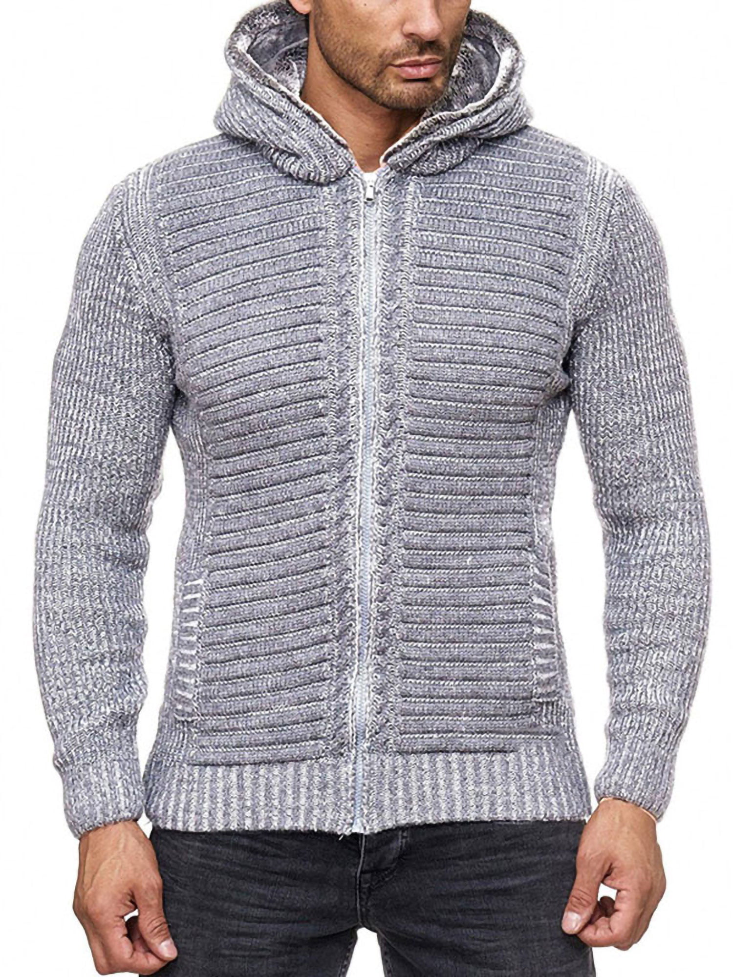 Generic Mens Casual Slim Fit Full Zip Thick Knitted Cardigan Sweater with Pockets 