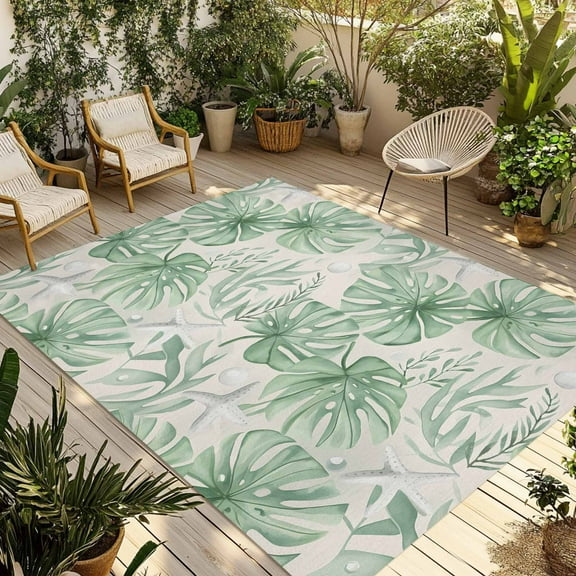 Fsddascl Summer Green Palm Leaf Outdoor Rug for Patio/Deck/Porch, Non-Slip Large Area Rug 5 x 8 Ft, Tropical Plants Botanical Starfish Indoor Outdoor Rugs Washable Area Rugs, Camping Rug Carpet