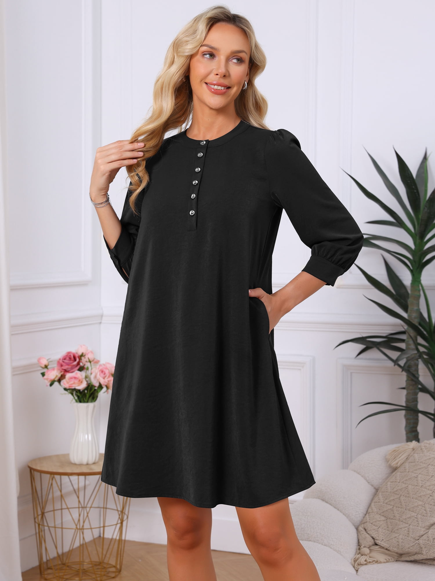 DARING DIVA Women's 3/4 Puff Sleeve Mini Button Crewneck Shift Dress M Black