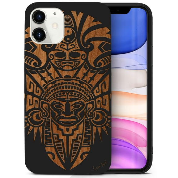 Case Yard Wooden Case for iPhone-12-Mini Soft TPU Silicone cover Slim Fit Shockproof Wood Protective Phone Cover for Girls Boys Men and Women Supports Wireless Charging Tribal Indian Mask Design