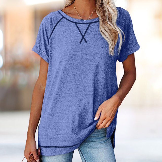 Camiseta De Verano Tops de manga corta para mujer, camiseta diaria Simple Fasion, atuendo diario (azul L) Cgtredaw Para estrenar