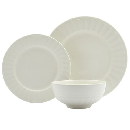 

Tabletops Gallery 12 Piece Mosaico Embossed Porcelain White Dinnerware Set of Plates Bowls Dishes - Service for 4