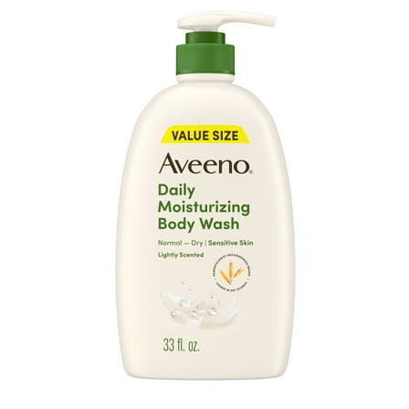 Aveeno Daily Moisturizing Soap, Dry Skin Body Wash and Scrub with Prebiotic Oat, 33 fl oz