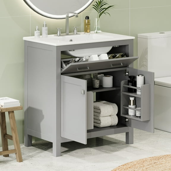 30" Bathroom Vanity Cabinet . Modern Gray With Ceramic Sink. 2 Doors & Drawer. Soft Close. Adds Elegance To Vanity. Shelf. Complements Aesthetics
