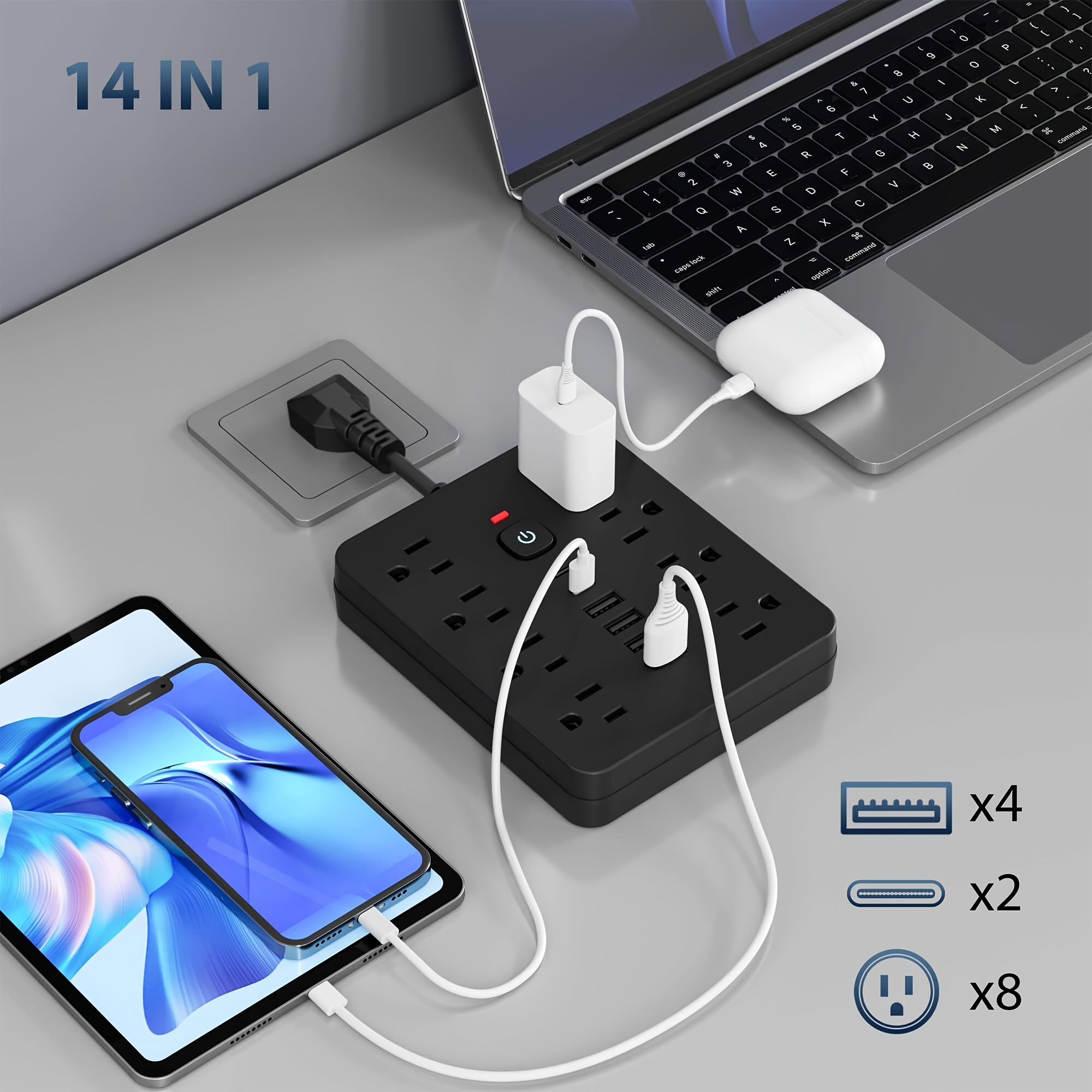 Multi functional socket with 8AC socket, 4USB, and 2 Type-C ports for power board surge protector