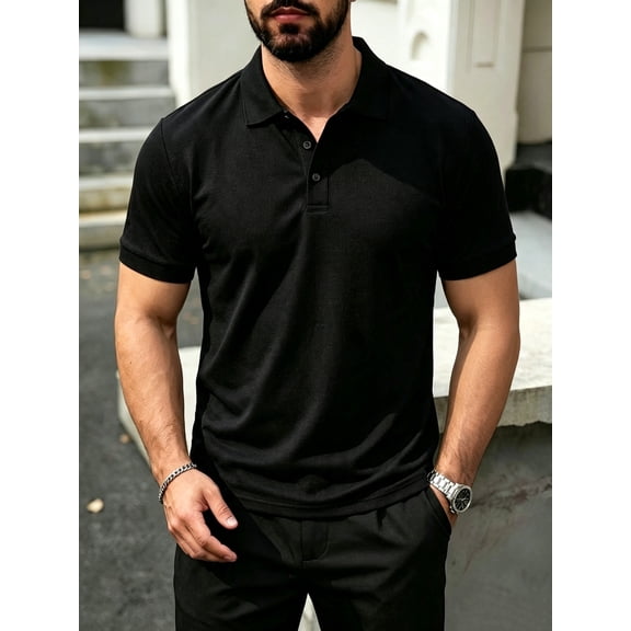 DENTOYOU Men's Polo Shirts Short Sleeve Golf Shirts Casual Lightweight Knit Collared Shirts Athletic Daily Business Black L