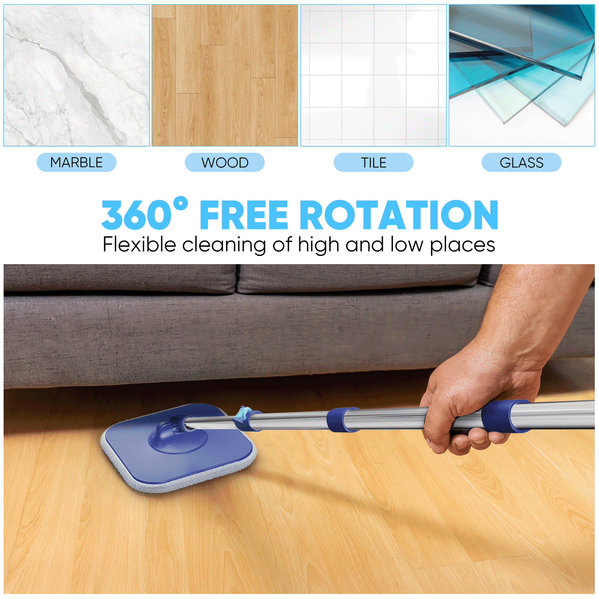 SUGARDAY Spin Mop and Bucket with Wringer Set for Floors, Collapsible Bucket with handle and Flat Wall mop with 5 Microfiber Pads