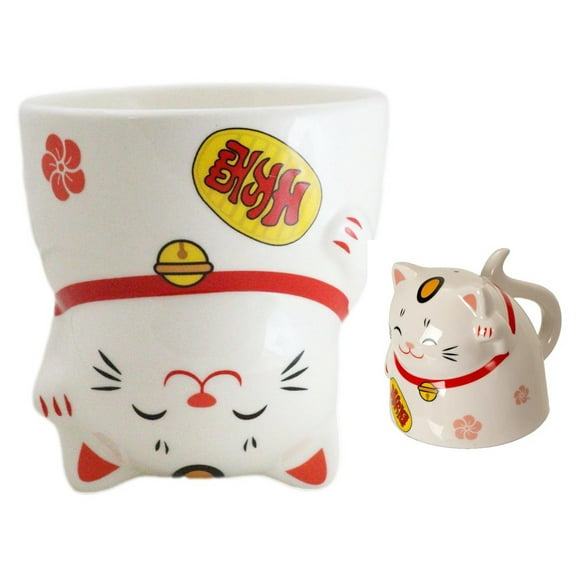 Pack Of 2 Topsy Turvy Lucky Cat Maneki Neko Ceramic Coffee Mug Cups With Handle