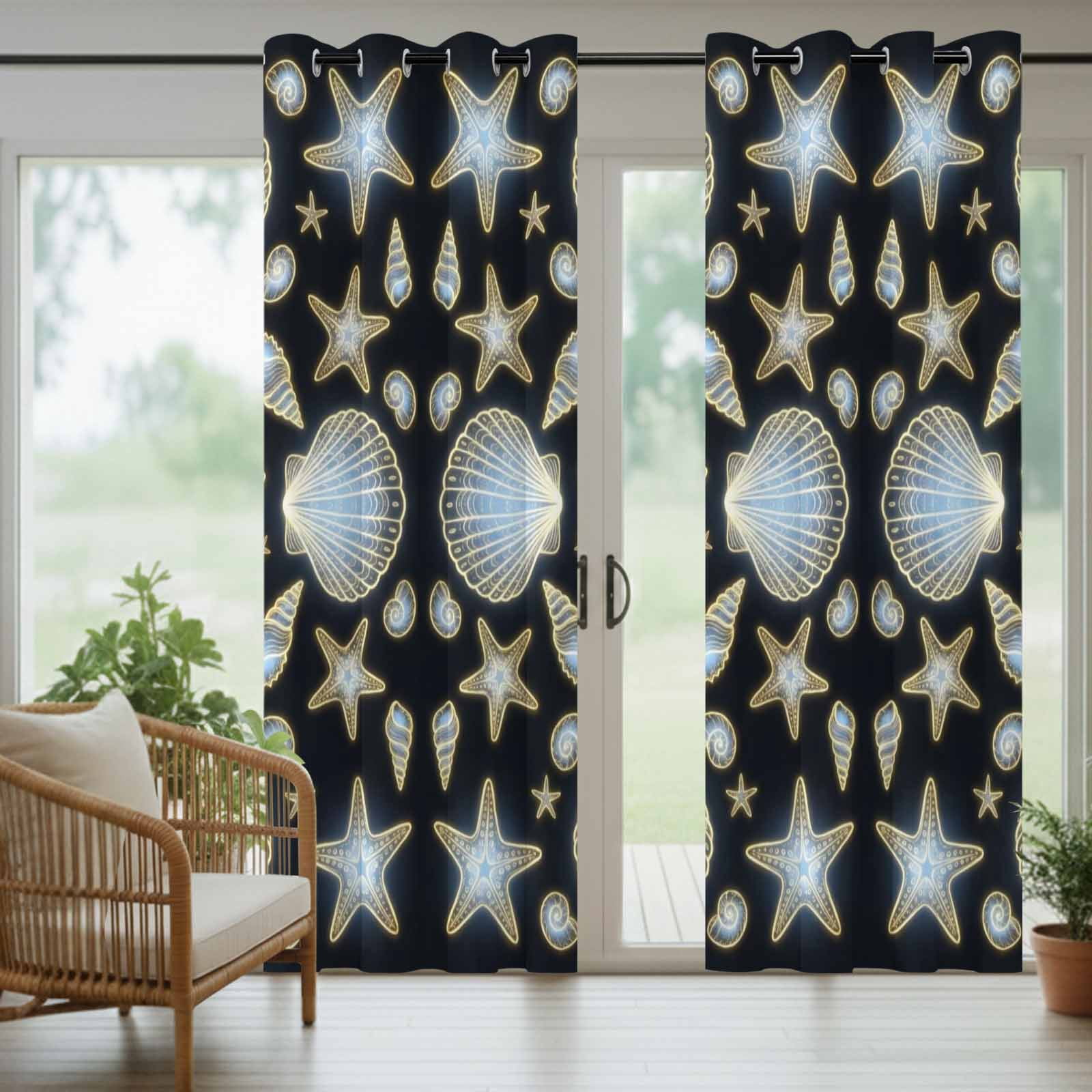 Blue Neon Coastal Outdoor Curtains for Patio, Seashell Starfish Summer Ocean Sunshade Privacy Drapes Grommet Waterproof Outside Curtains for Porch/Cabana/Balcony 54"x 108", 1 Panel