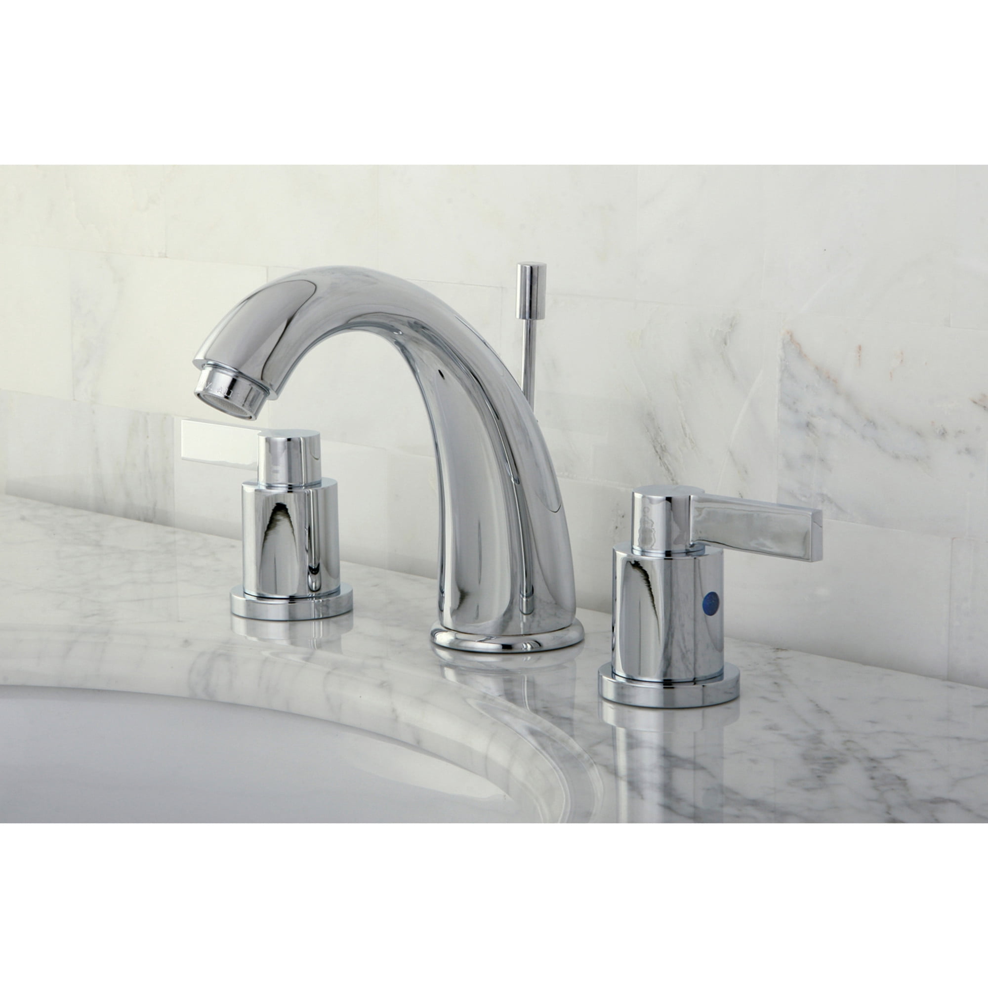 Kingston Brass KB8981NDL NuvoFusion Two-Handle 3-Hole Deck Mount Widespread Bathroom Faucet with Pop-Up Drain in Polished Chrome