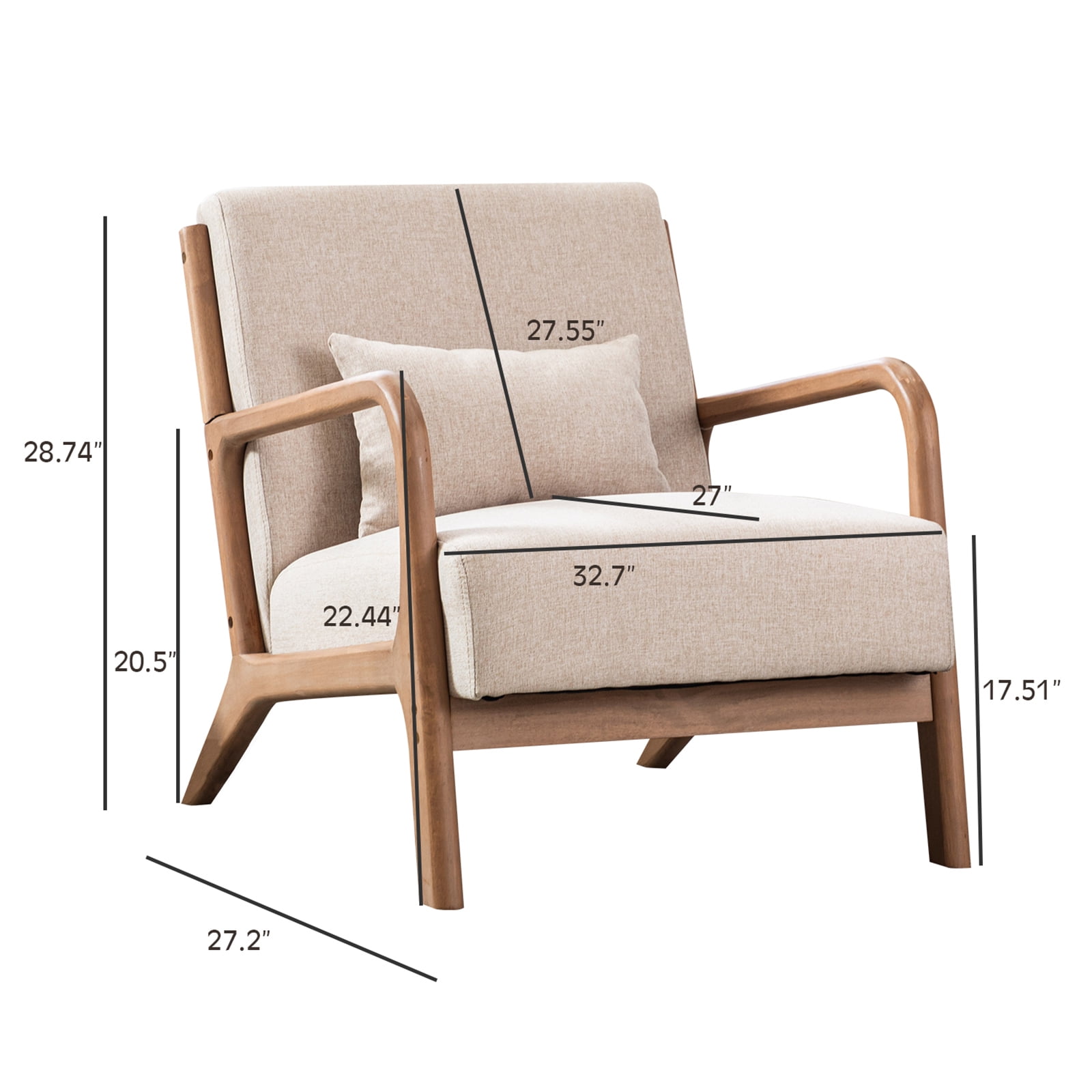 Bonzy Home Solid Wood Armchair, Mid-Century Accent Chair Set of 2 Living Room, Beige