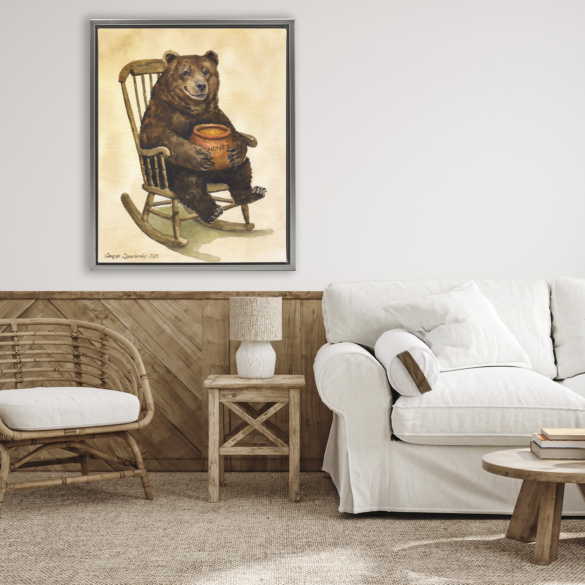 Stupell Industries Happy Bear & Pot of Honey Gray Framed Floater Canvas Wall Art, design by George Dyachenko