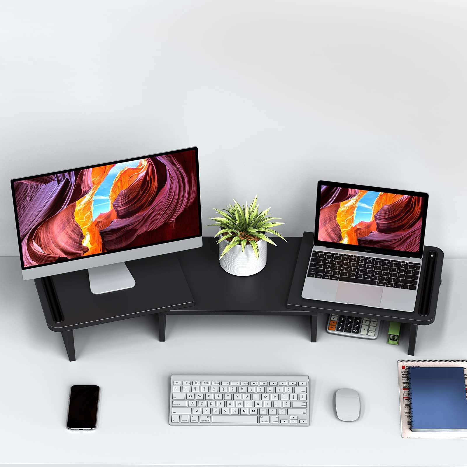 Dual Monitor Stand Riser  With Adjustable Length And Angle Wood For Desk 2 Monitors Storage Space