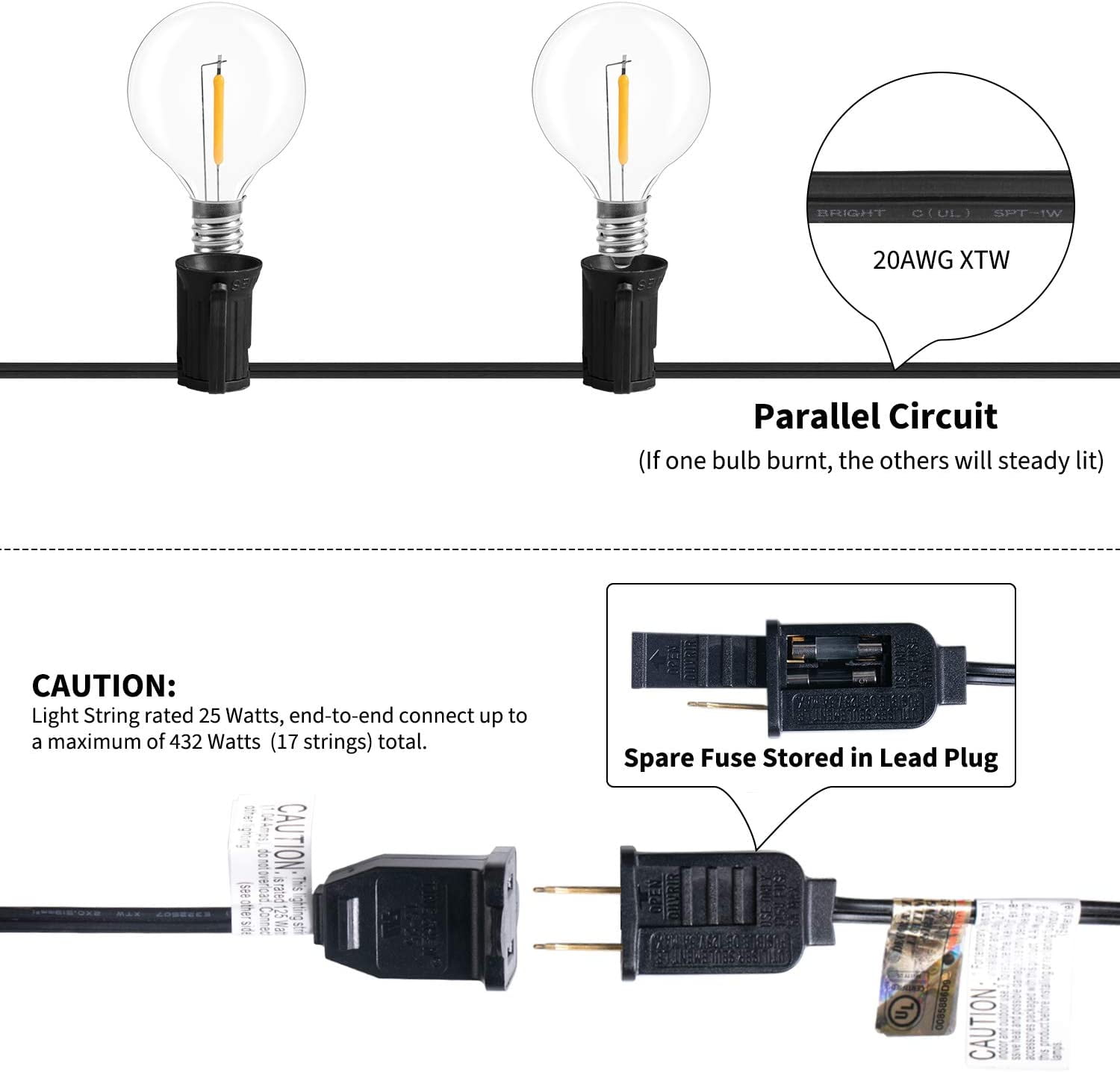 Globe Outdoor String Lights 2 Pack, 25 FT Patio Lights with 27 G40 Shatterproof LED Bulbs (2 Spare), Waterproof Hanging Lights String for Outside Backyard, Porch, Deck, Party