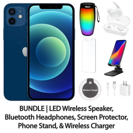 Restored Apple iPhone 12 64GB Blue Fully Unlocked with LED Wireless Speaker, Bluetooth Headphones, Screen Protector, Wireless Charger, & Phone Stand (Refurbished)
