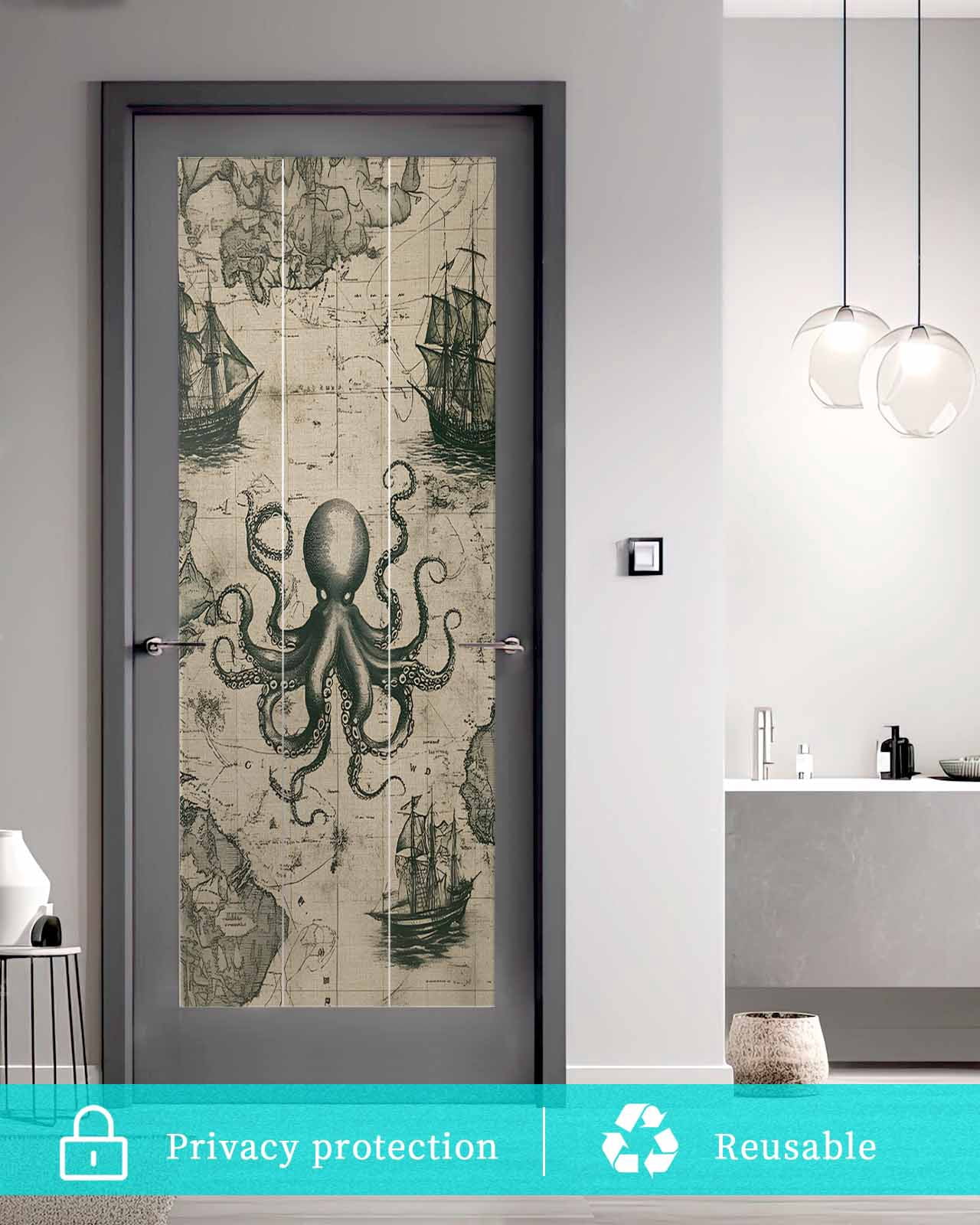 Window Privacy Film Medieval Octopus Stained Glass Window Film Decorative Sun Block Window Cover Vintage Nautical Boat Retro Map Window Clings Static Adhesive Sticker for Bathroom 35.4"x78.7"