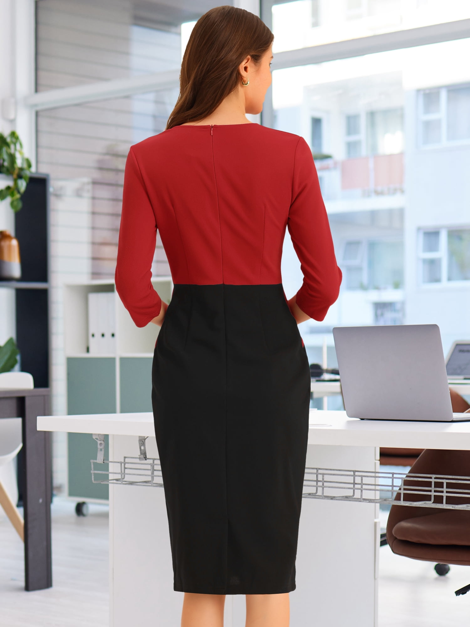 Unique Bargains Women's Contrast Color 3/4 Sleeve Office Pencil Dresses M Red