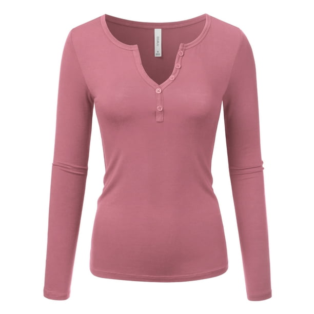 Doublju Doublju Women's Button Vneck Slim Cut Henley Long Sleeve